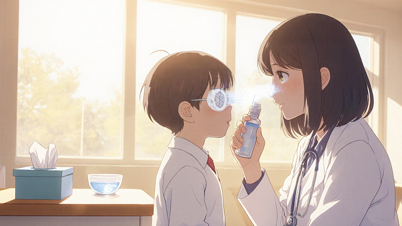 Anime doctor showing a child how to use a nasal spray correctly.