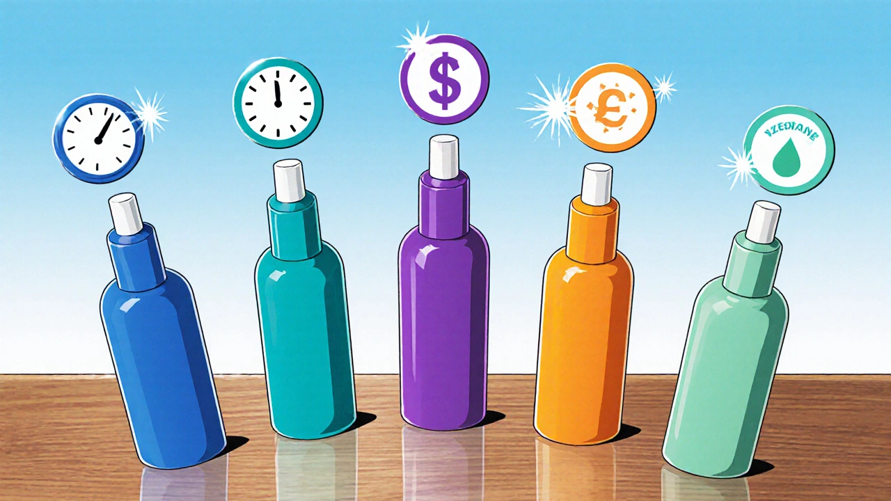Anime‑style lineup of colorful nasal spray bottles with floating effect icons.