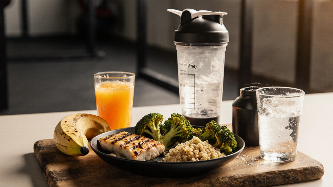 Balanced post‑workout meal on a wooden board with chicken, quinoa, veggies, fruit, and electrolyte water.