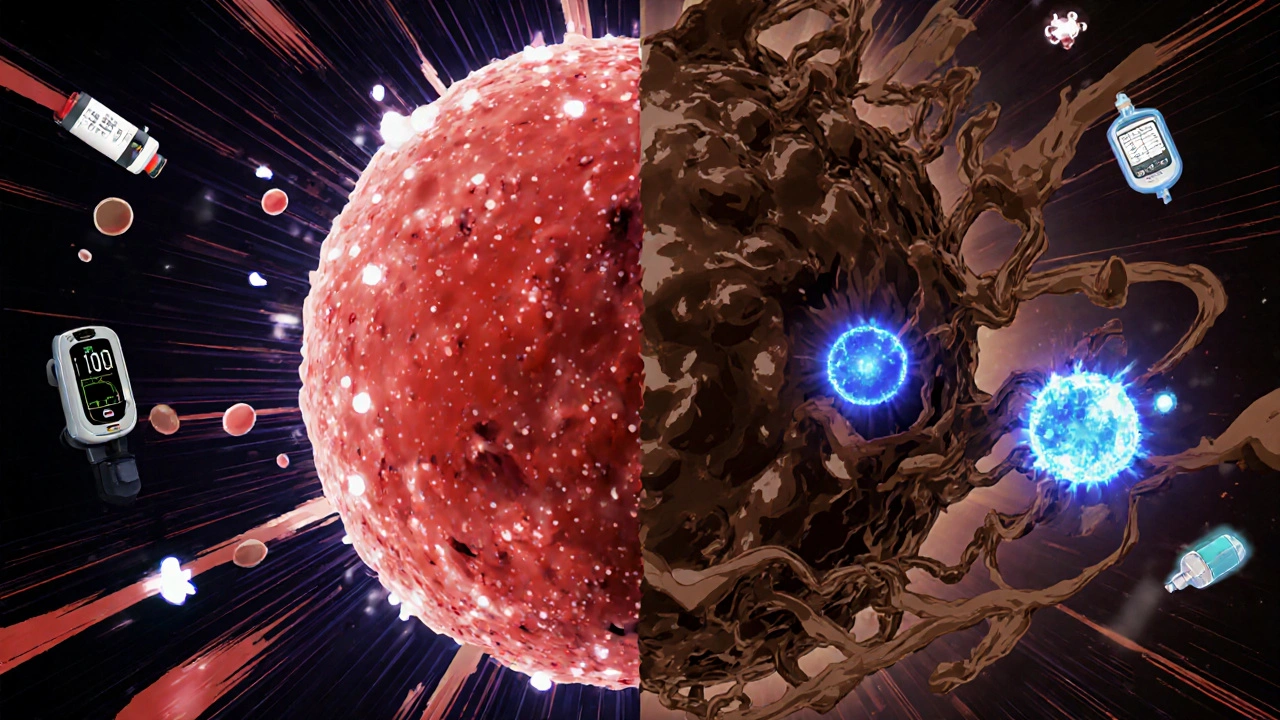 Blood cell transforming from red to brown with blue antidote molecule nearby