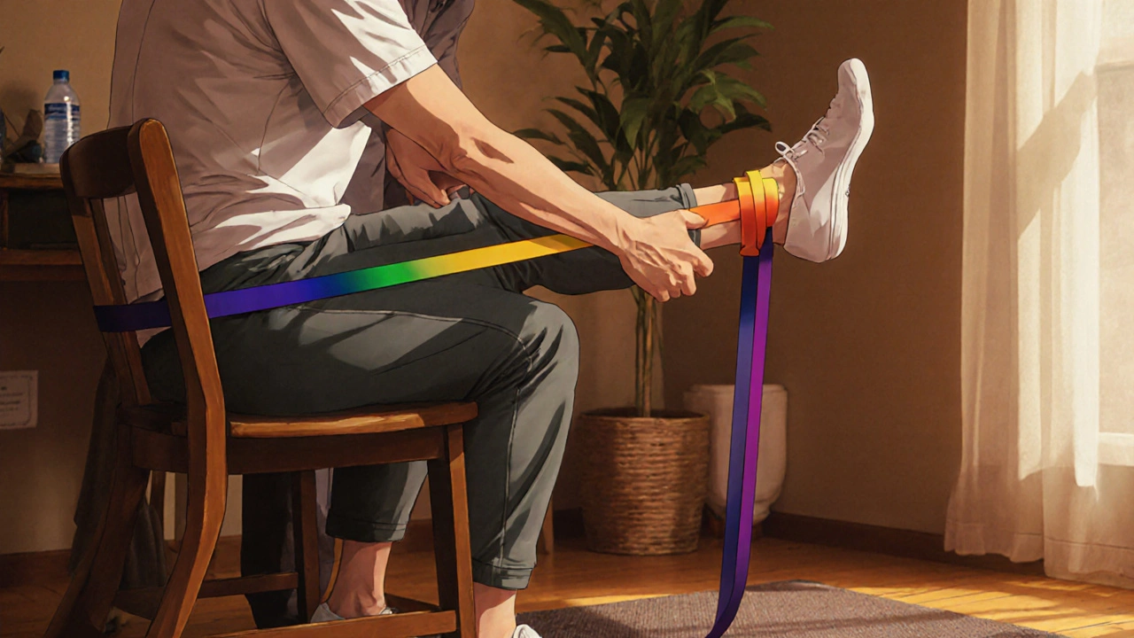 Caregiver assists survivor with seated leg lifts using a chair and resistance band.