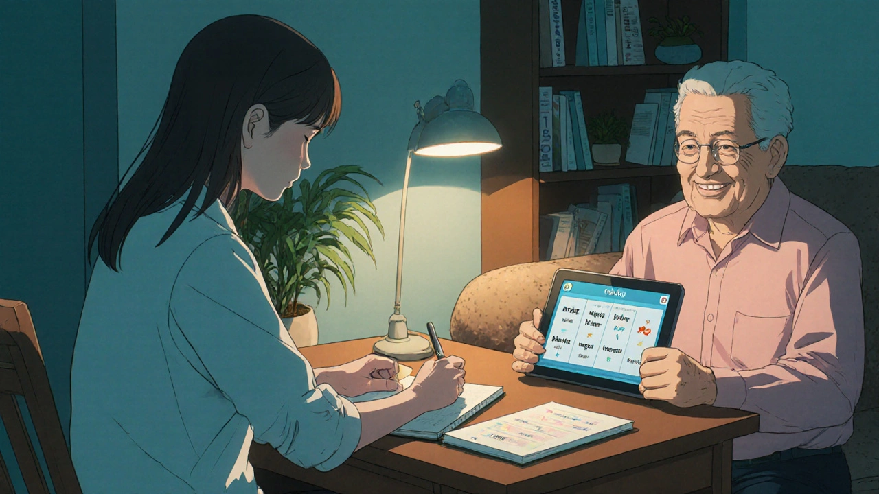 Caregiver writes in a log while survivor practices speech therapy with a tablet.