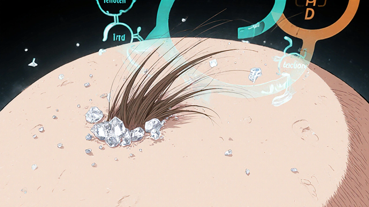 Close-up of scalp showing hair shedding with calcium crystals and hormonal symbols.