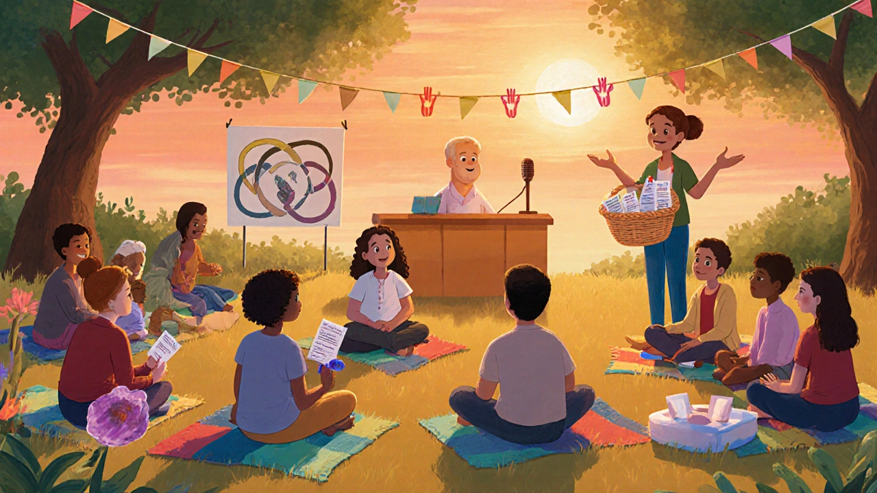 Community park sunset scene with volunteers offering testing kits and open dialogue.