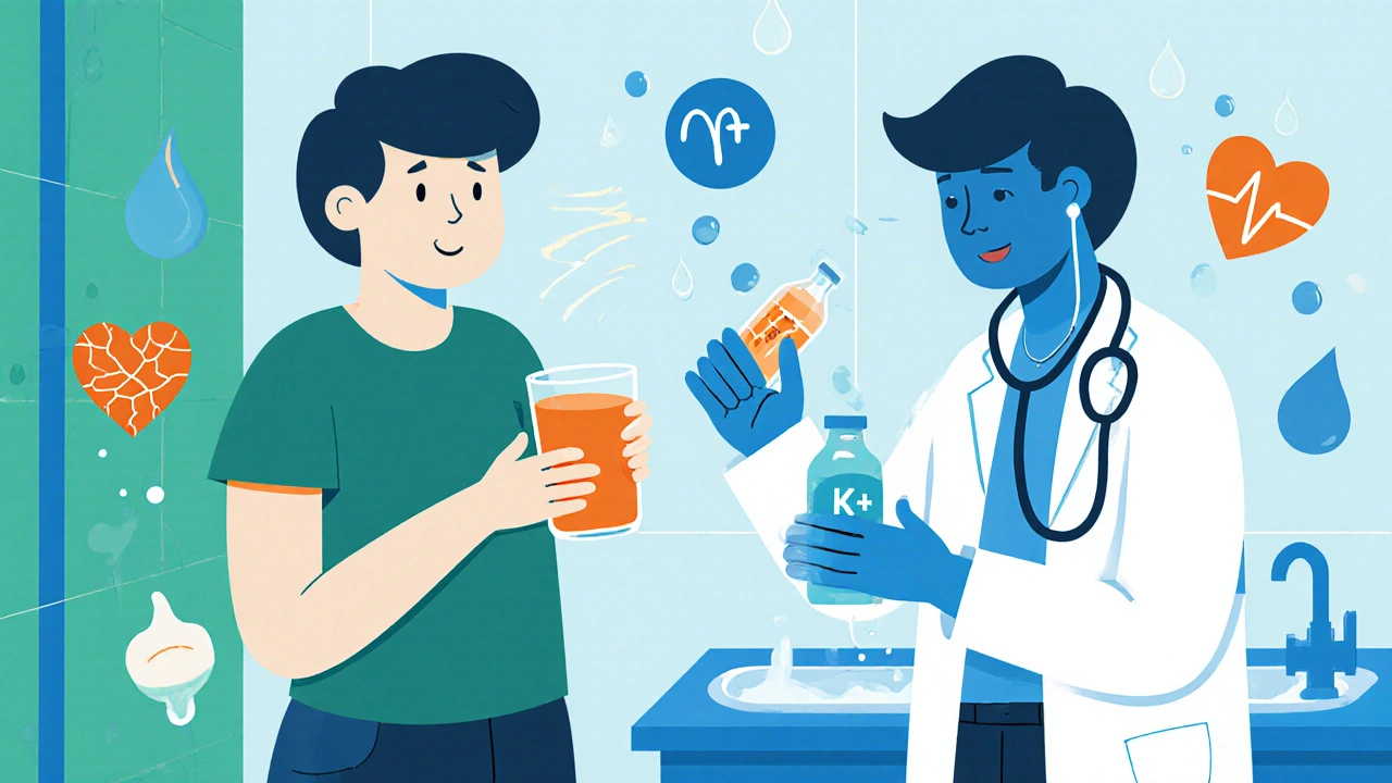 Doctor checking pulse of dizzy patient holding rehydration drink with electrolyte icons.