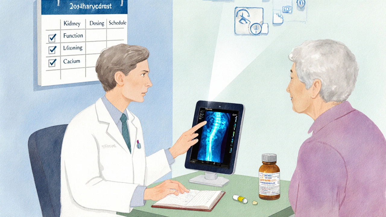 Doctor consulting an elderly patient over a DEXA scan and medication checklist.