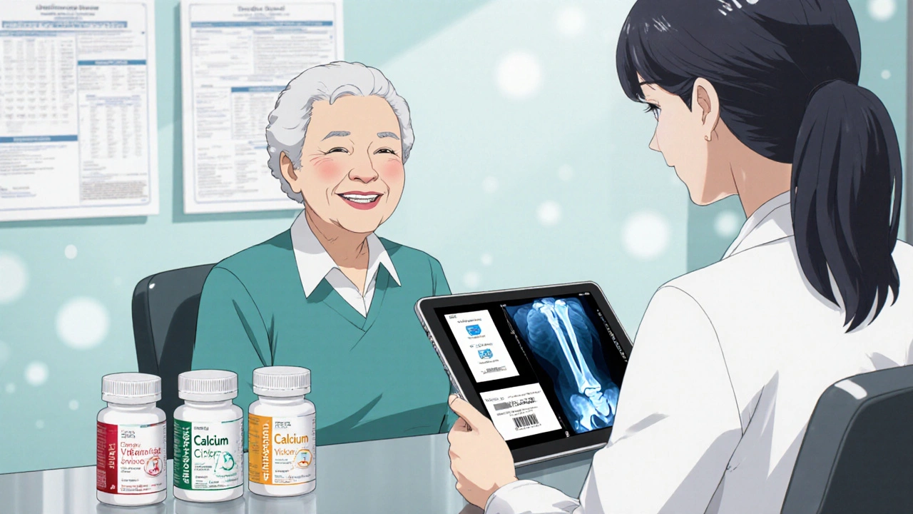 Doctor reviewing bone density scan and blood test while patient holds supplement bottles.