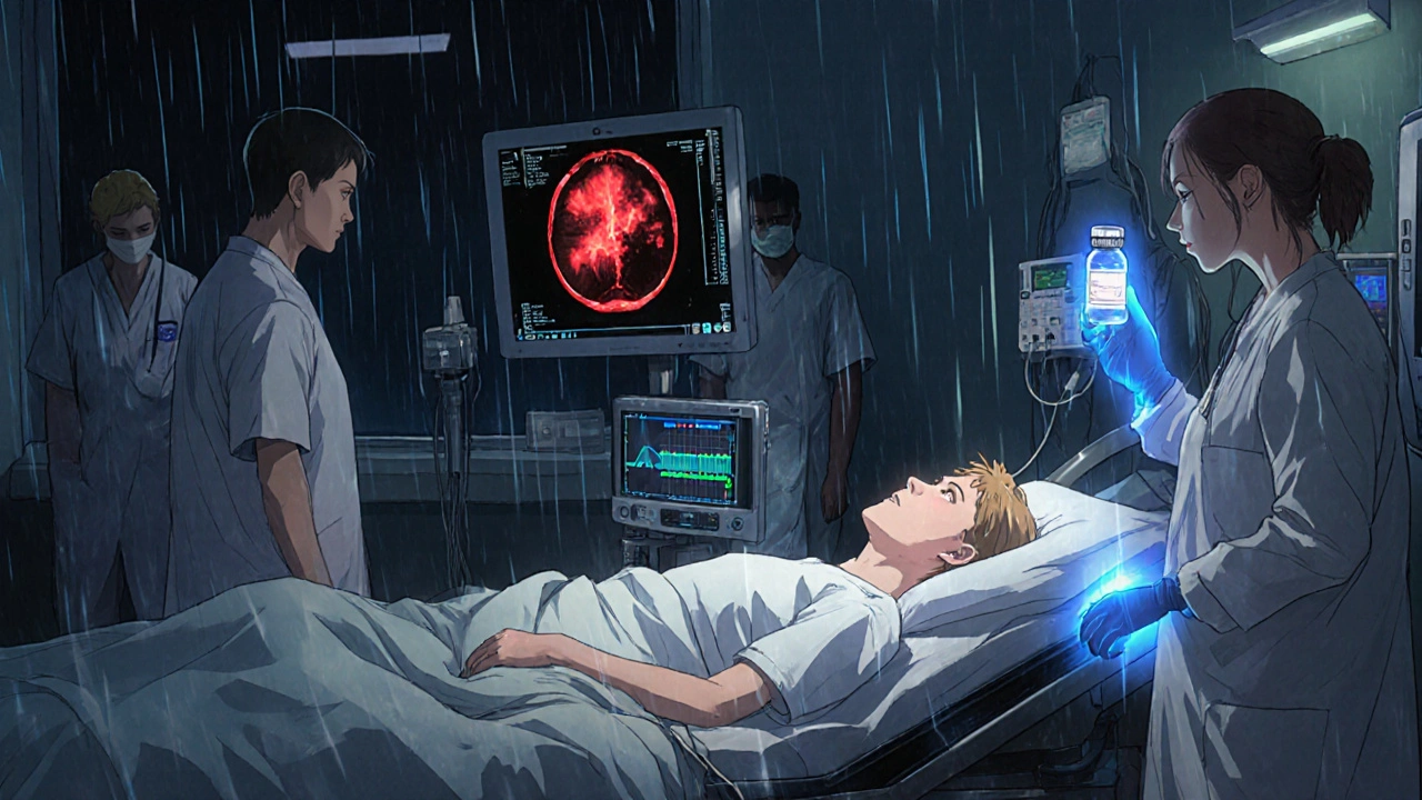 Emergency room scene with medical team treating a patient with a brain bleed.