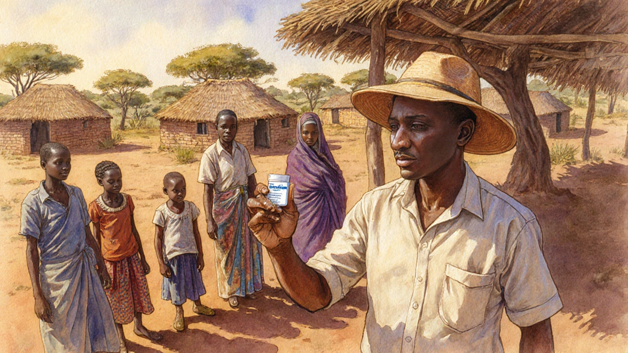 Field health worker offering a single dose of medication to villagers in an African village.