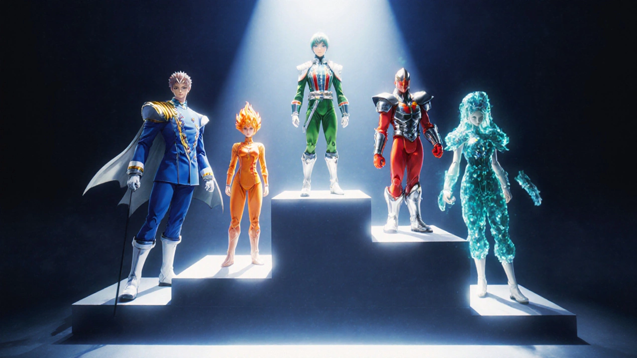 Five characters on a tiered platform represent different corticosteroids.