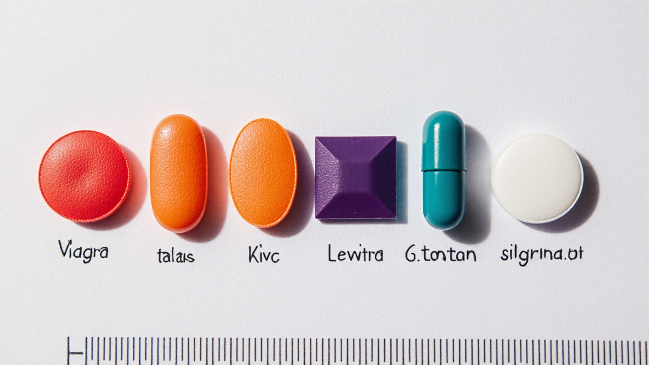 Flat‑lay of different colored ED pills with dosage rings on a white background.