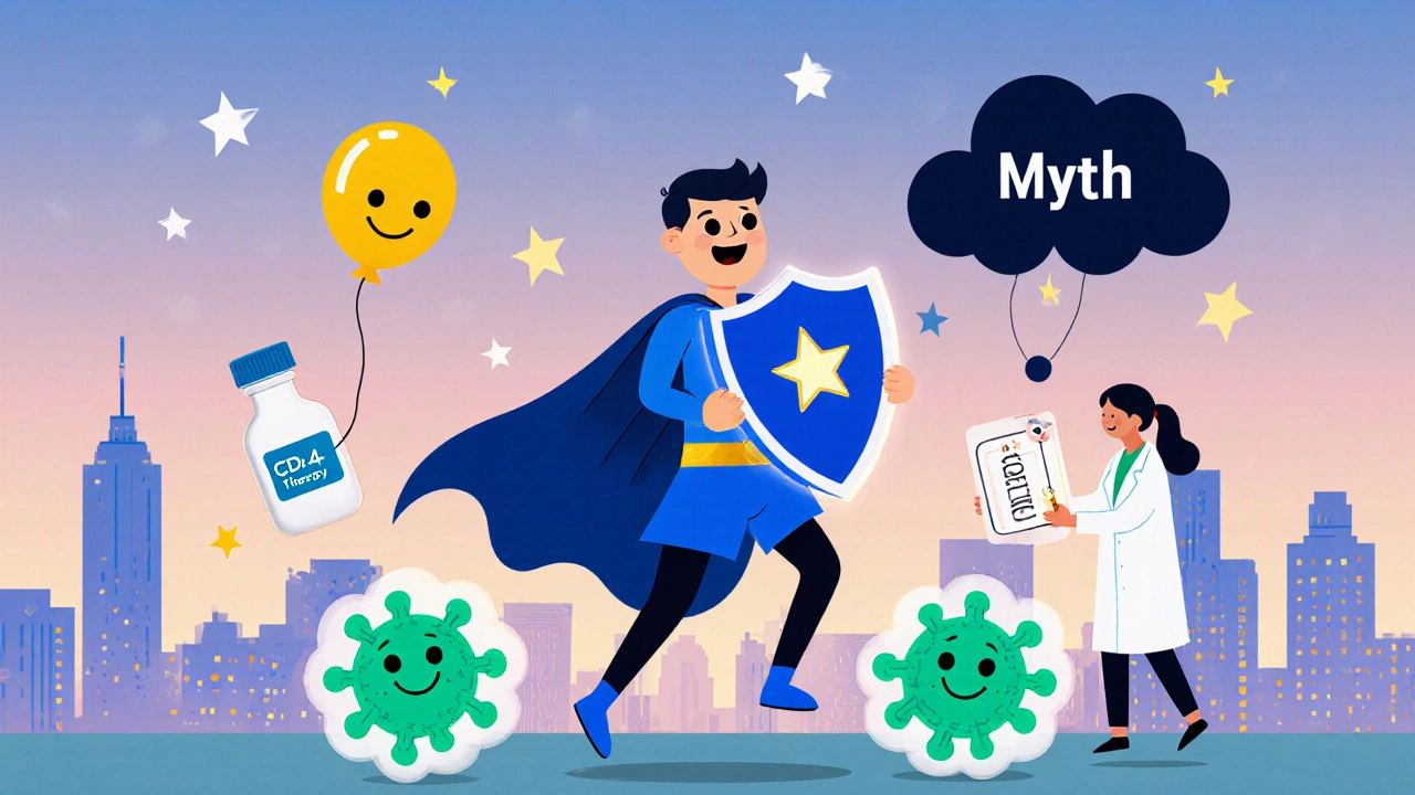 Heroic figure shielding smiling CD4 cells, surrounded by cartoon condom and pill icons.