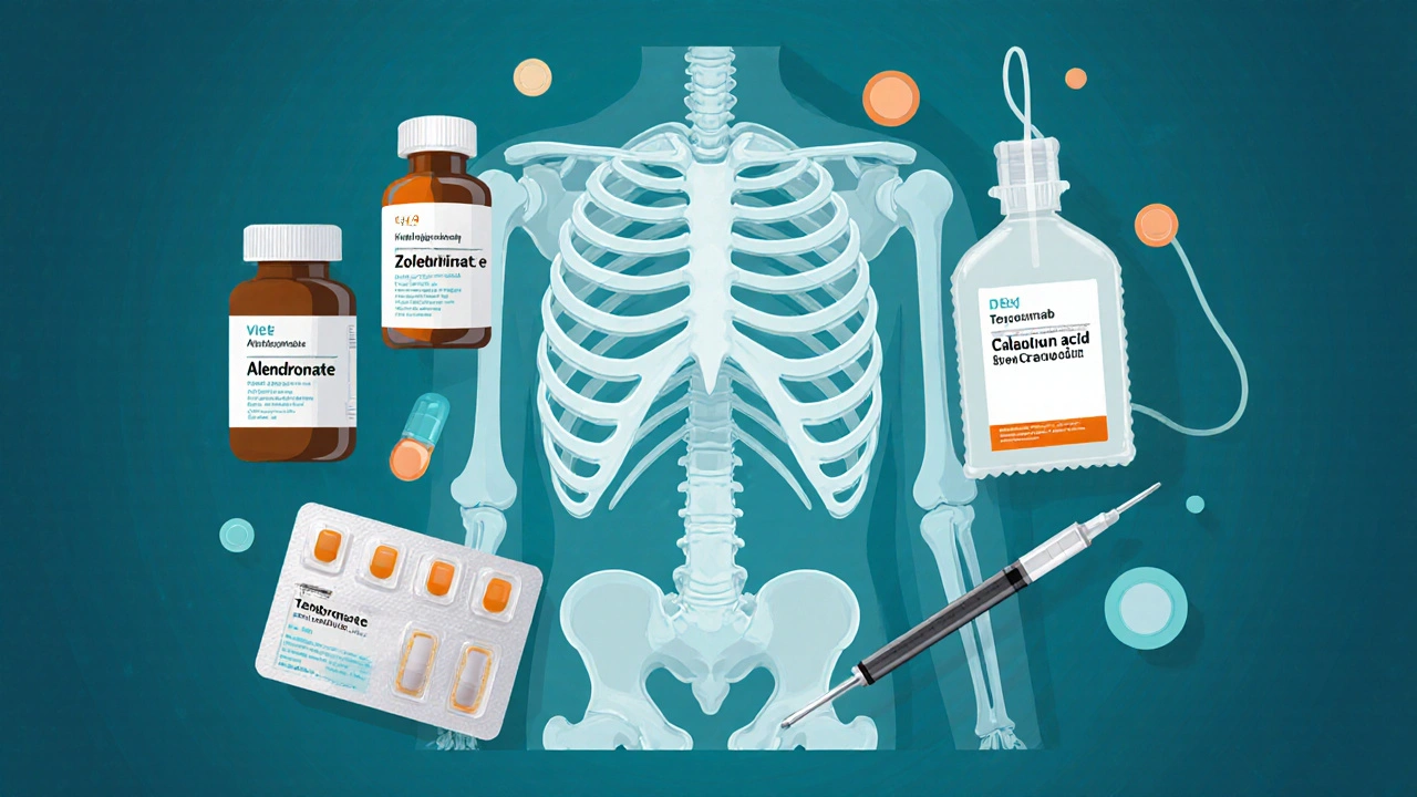Illustrated collection of osteoporosis meds surrounding a skeletal figure.