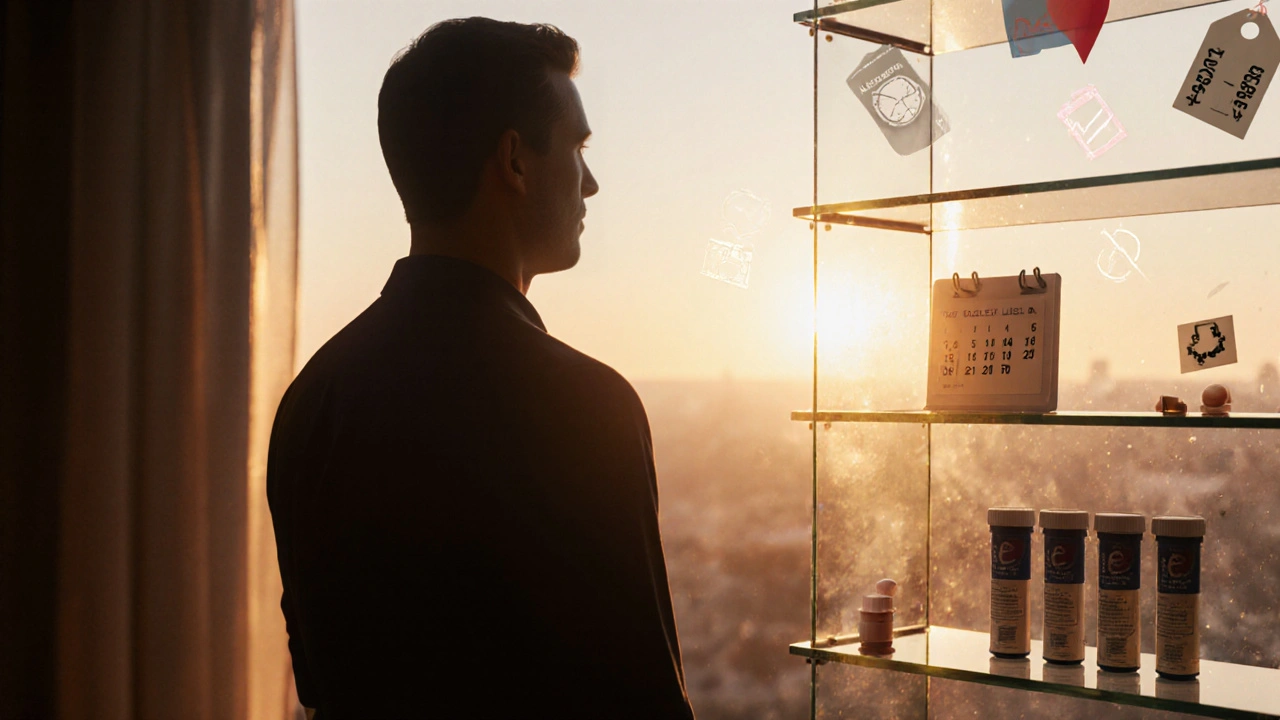 Illustration of a man choosing pills on a shelf, with icons for health, timing, and cost.