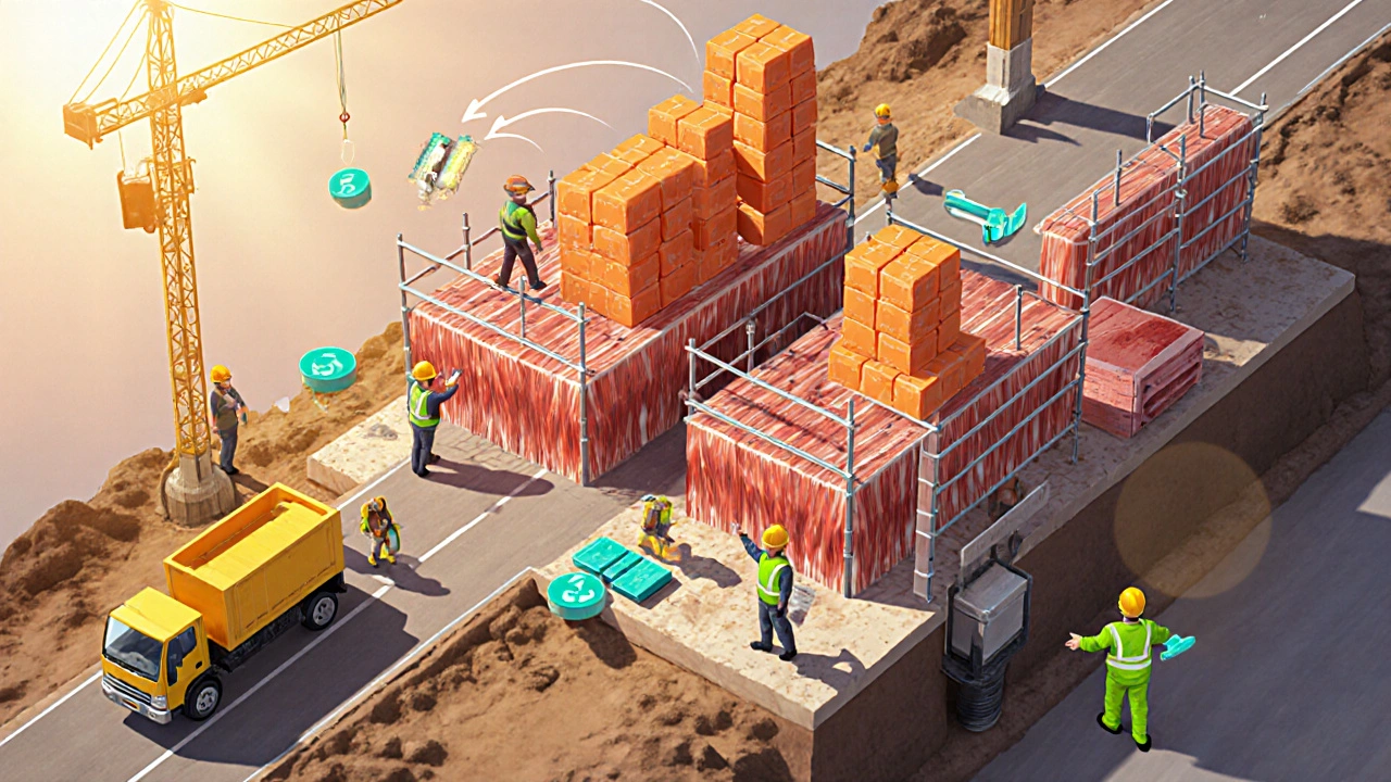 Illustration of a muscle as a construction site with protein bricks, carb trucks, and electrolyte foremen.
