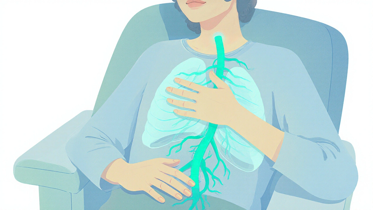 Illustration of diaphragmatic breathing showing airflow and the vagus nerve.