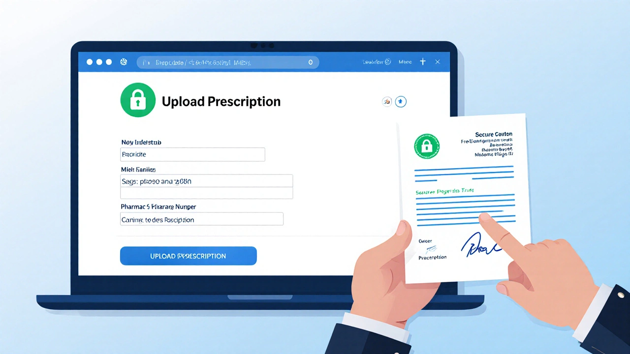 Laptop screen showing pharmacy checkout with prescription upload and secure payment icons.