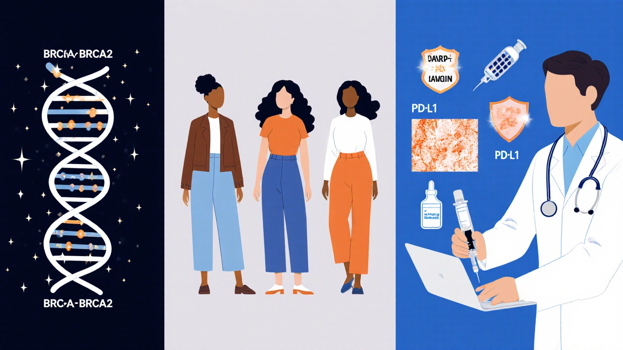 Medical illustration of BRCA genes, diverse women, and treatment icons like chemo and immunotherapy.