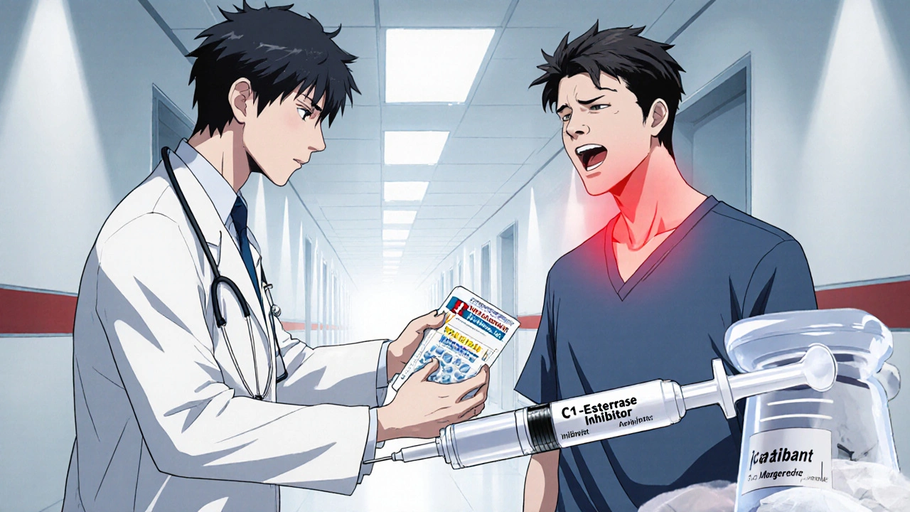 Medical professional gives a rescue kit to a patient with throat swelling in an emergency setting.