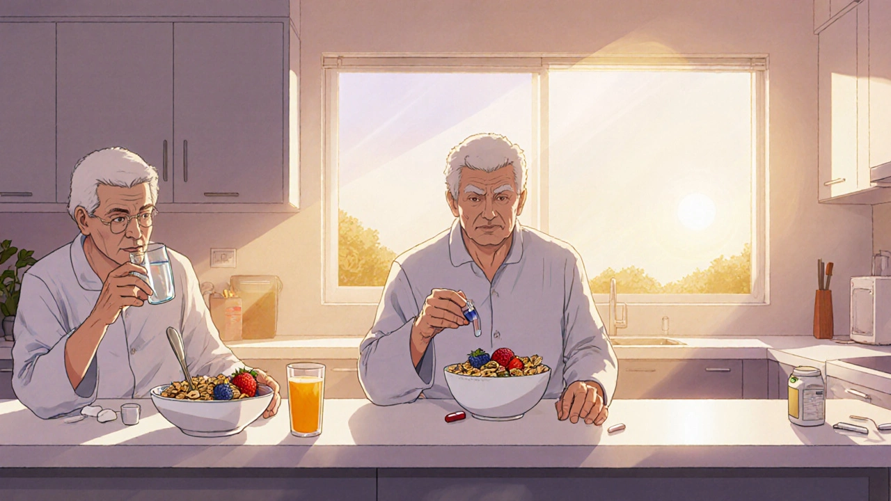 Morning kitchen routine: water with Alendronate, calcium‑rich cereal, orange juice, then Vitamin D capsule.