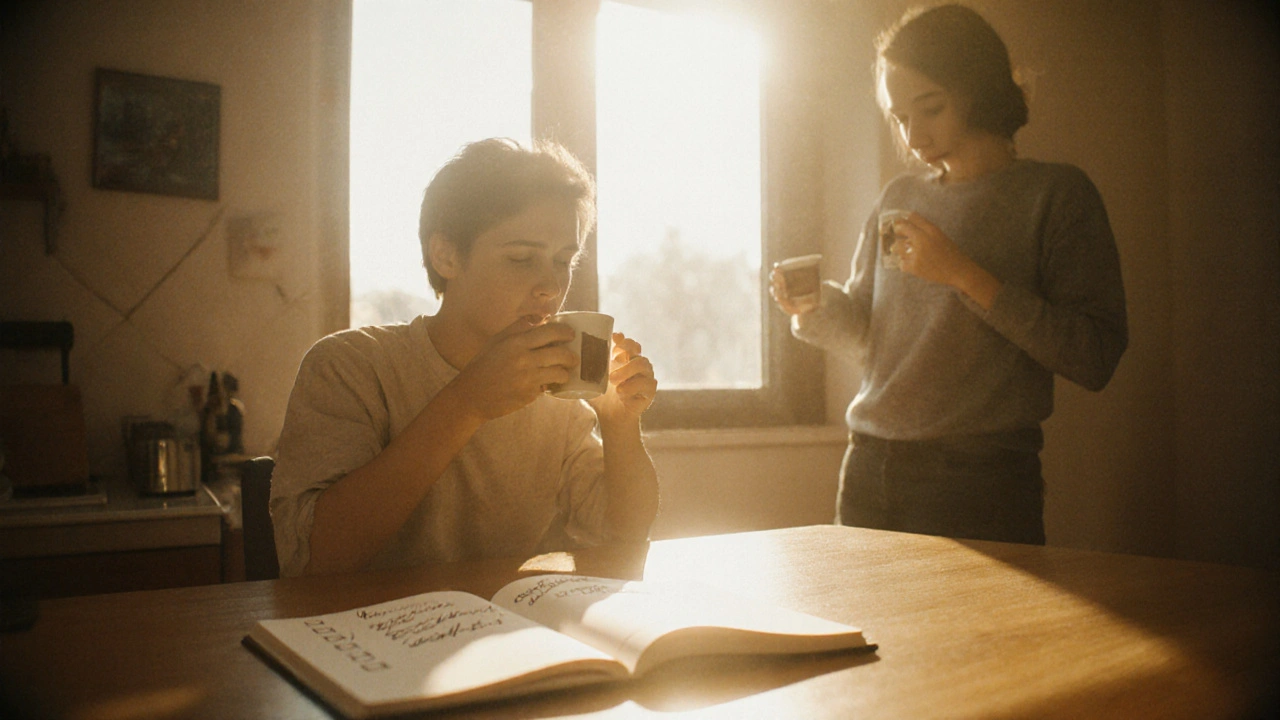 Morning scene of someone sipping coffee while practicing box breathing, notebook nearby.