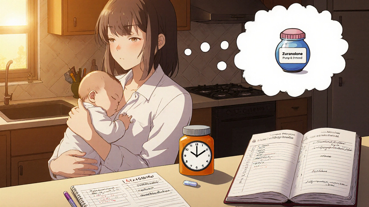 Mother nursing baby, logging infant&#039;s sleep, with sertraline bottle and Zuranolone caution note.