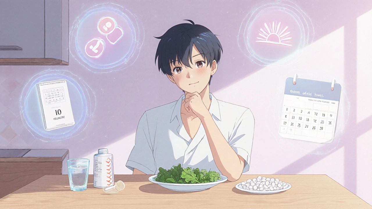 Patient at kitchen table surrounded by supplements and sunrise lighting.