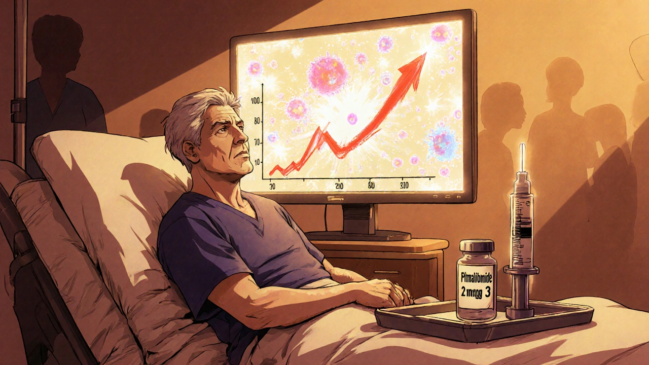 Patient recovering with rising platelet chart, holographic myeloma cells being attacked.