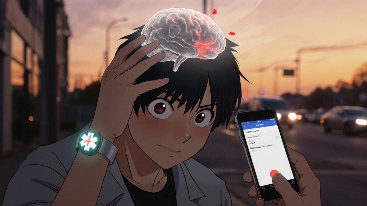 Person after a fall, holding their head with a faint brain hemorrhage glow above them.