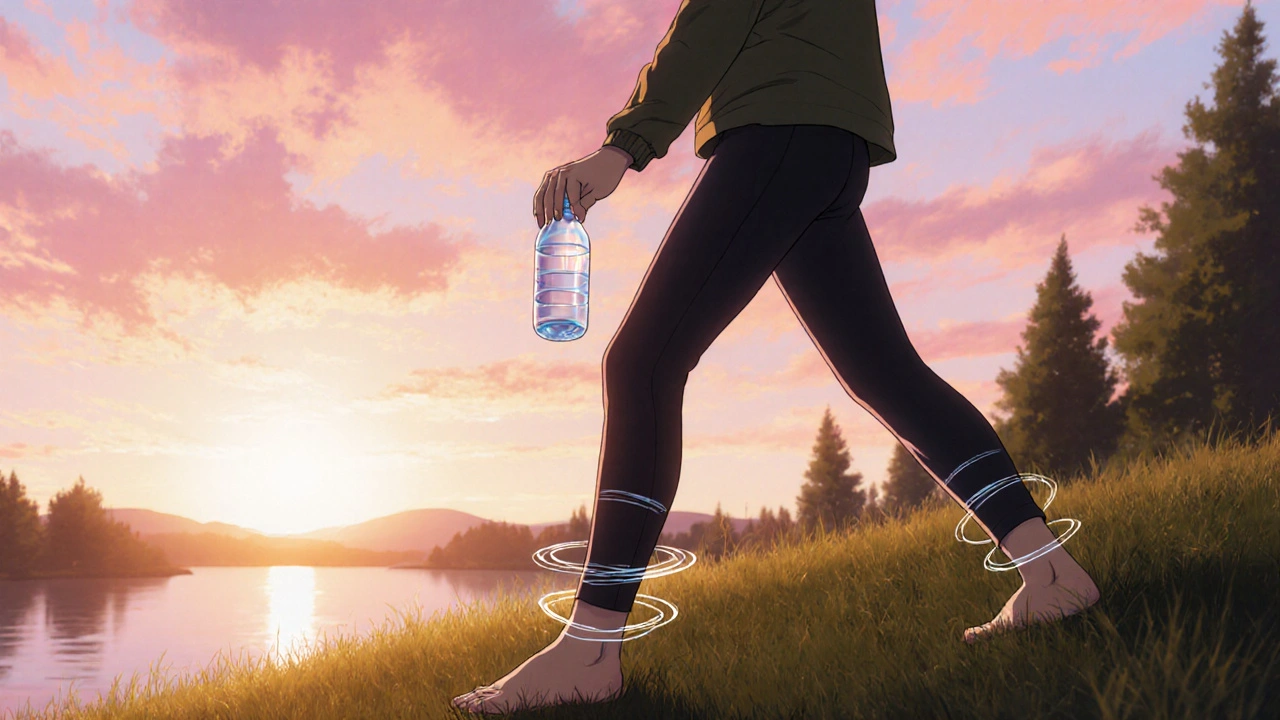 Person doing yoga and drinking water in a calm sunrise setting.