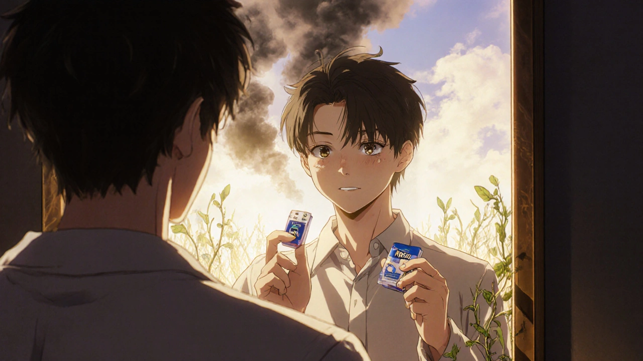 Person holding gum and patch, mirror shows past self smoking, path of health grows behind them under golden light.