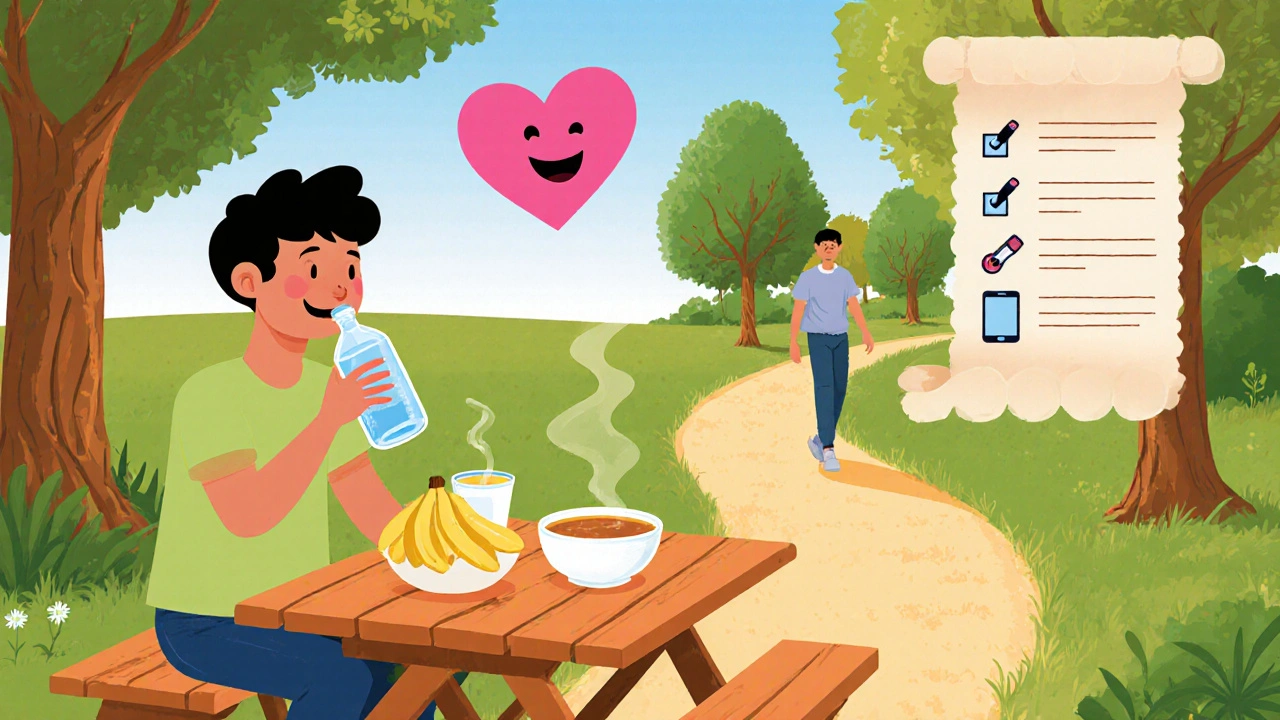 Recovered person enjoying bananas, yogurt, soup, with a happy heart and checklist.