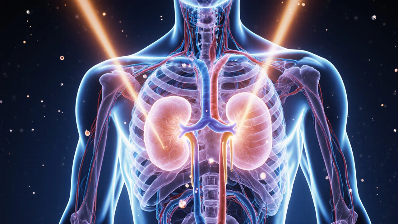 Semi‑transparent view of torso highlighting kidneys, vessels, and lymphatics with swirling fluid.
