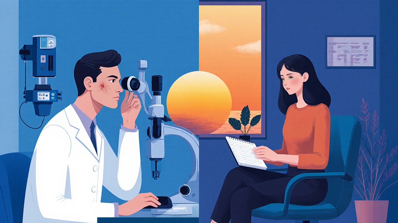 Split scene of dermatologist and therapist, merging into sunrise.