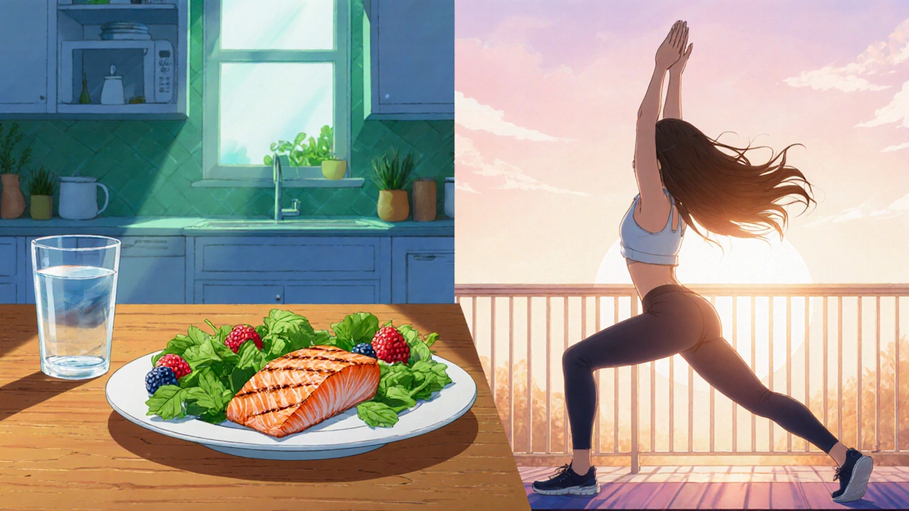 Split scene of healthy meals and yoga exercise representing lifestyle changes to prevent angioedema.