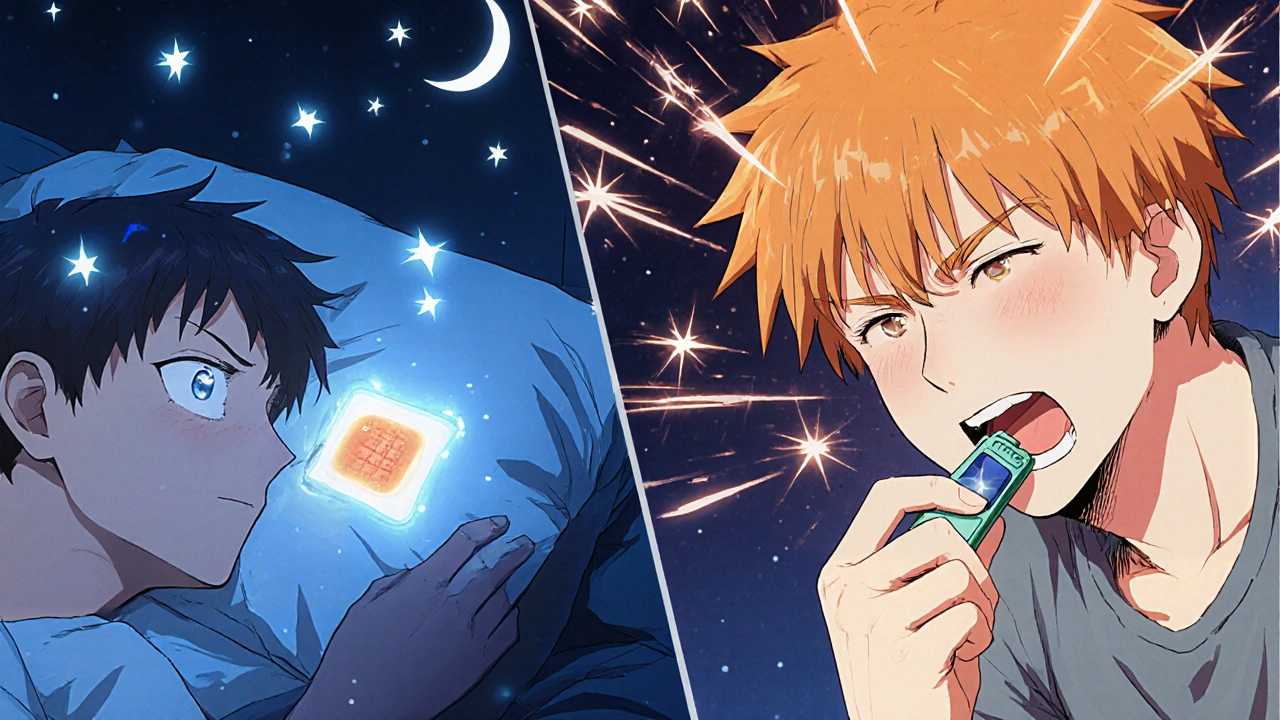 Split scene: one person with nicotine patch sleeping peacefully, another chewing gum with energy waves, contrasting withdrawal strategies.