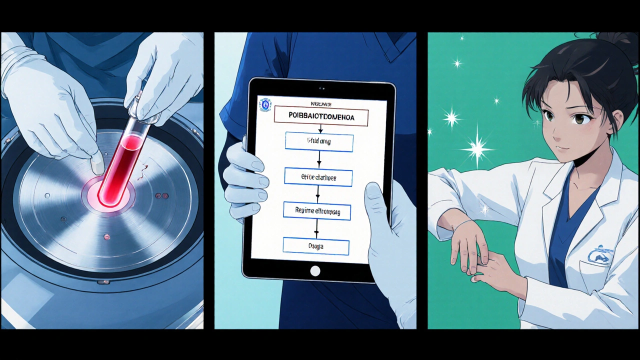 Storyboard of lab test, monitoring algorithm, and nurse giving eltrombopag injection.