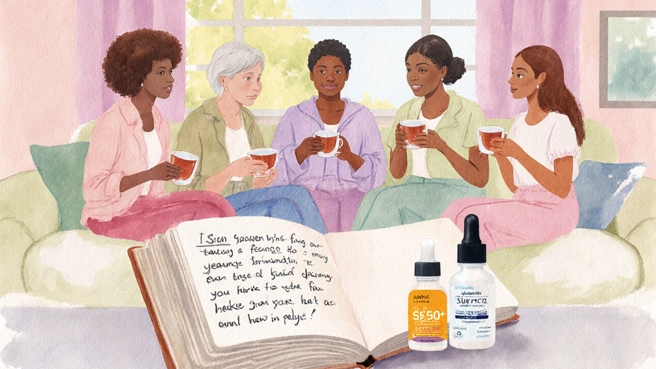 Support group women journaling, with sunscreen and serum on a table.