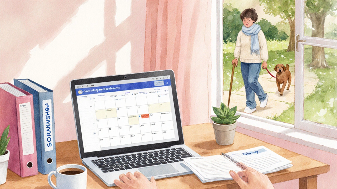 Survivor organizing a care plan at a desk, with garden walk and healthy lifestyle items.
