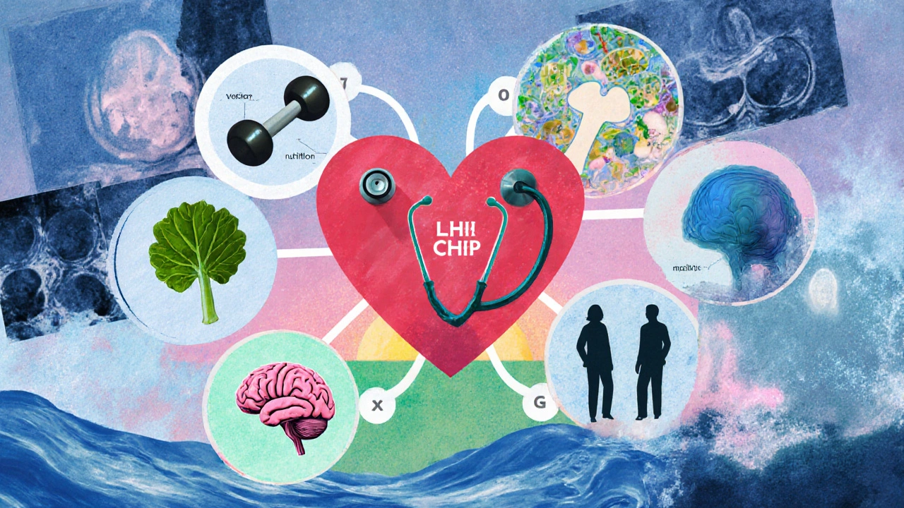 Survivorship checklist mind map with icons for health, exercise, nutrition and support.