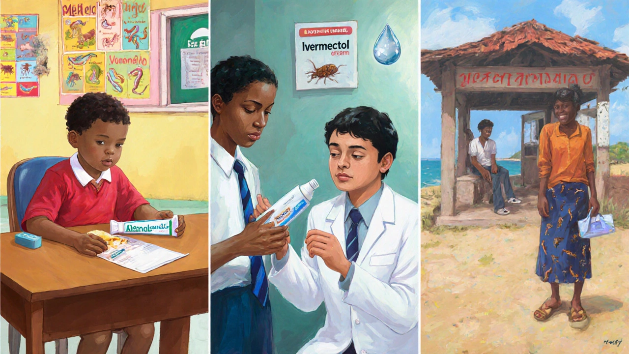 Three patient scenarios illustrating drug choices: worm infection, scabies, and diarrheal disease.
