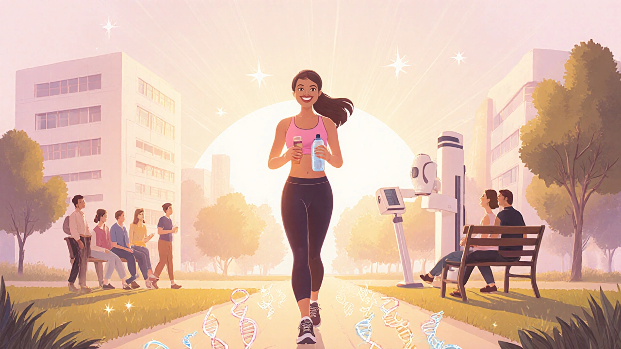Woman exercising in a park after breast cancer treatment, with supportive friends nearby.