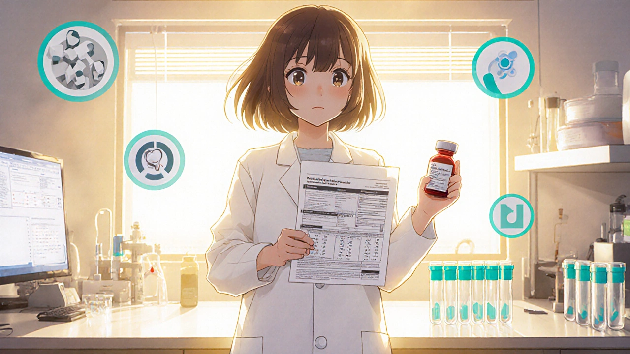 Woman with blood test report and minoxidil bottle in a bright lab, looking hopeful.