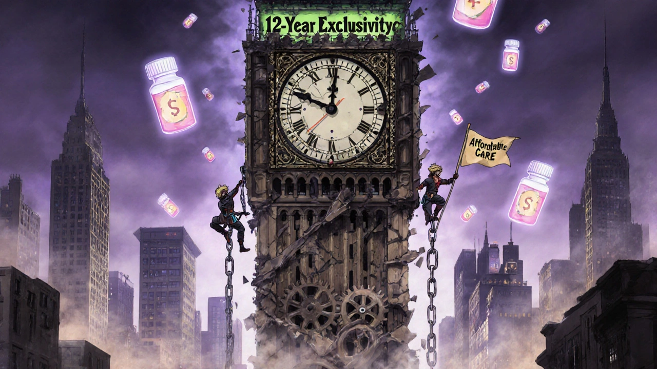 A crumbling 12-year exclusivity clock made of patents and money, with biosimilar heroes climbing chains amid fading orphan drugs.