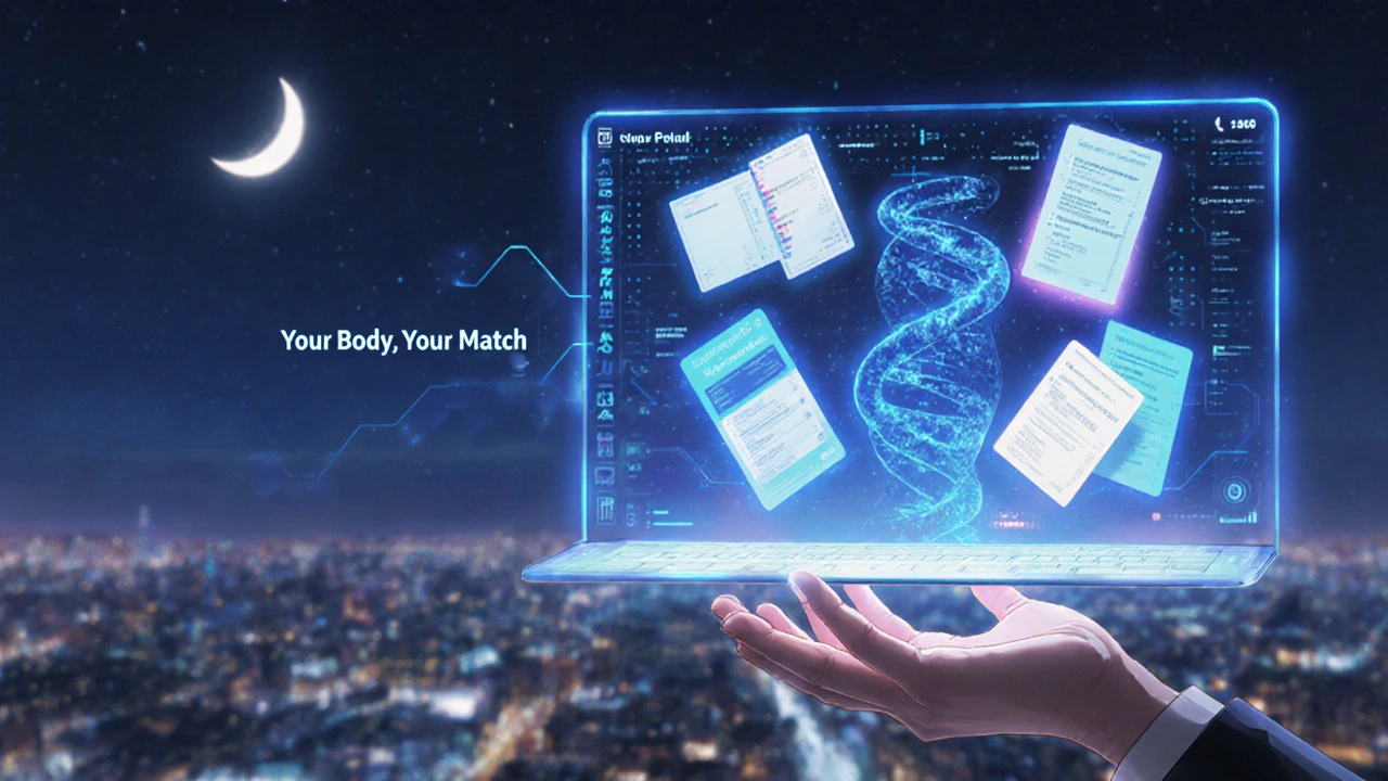 A glowing genetic profile and AI medication recommendation interface guided by a pharmacist&#039;s hand.
