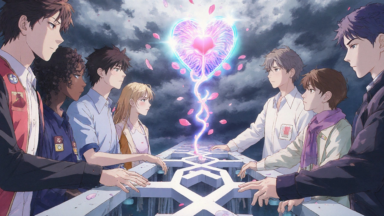 A group of people on a bridge of medical symbols reaching toward a sobriety light, storm clouds breaking into petals.