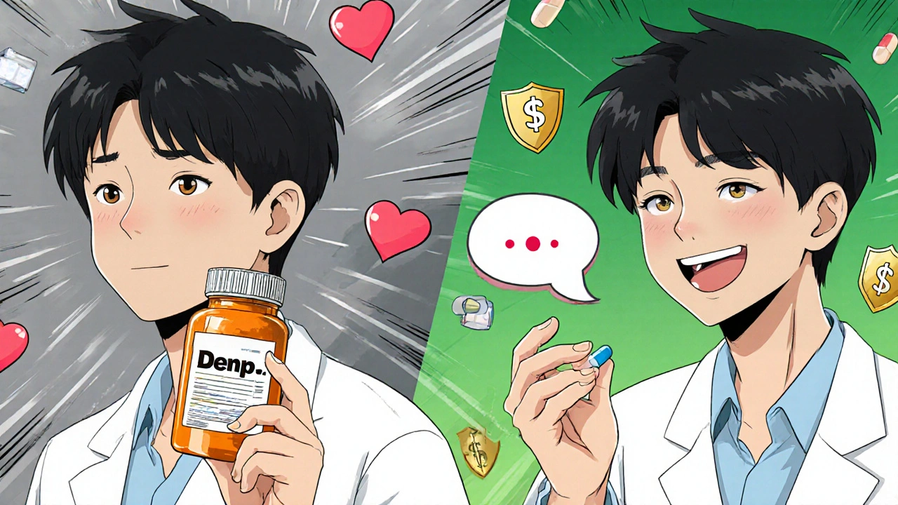 A patient transitioning from confusion to confidence with generic medication, illustrated in contrasting panels.