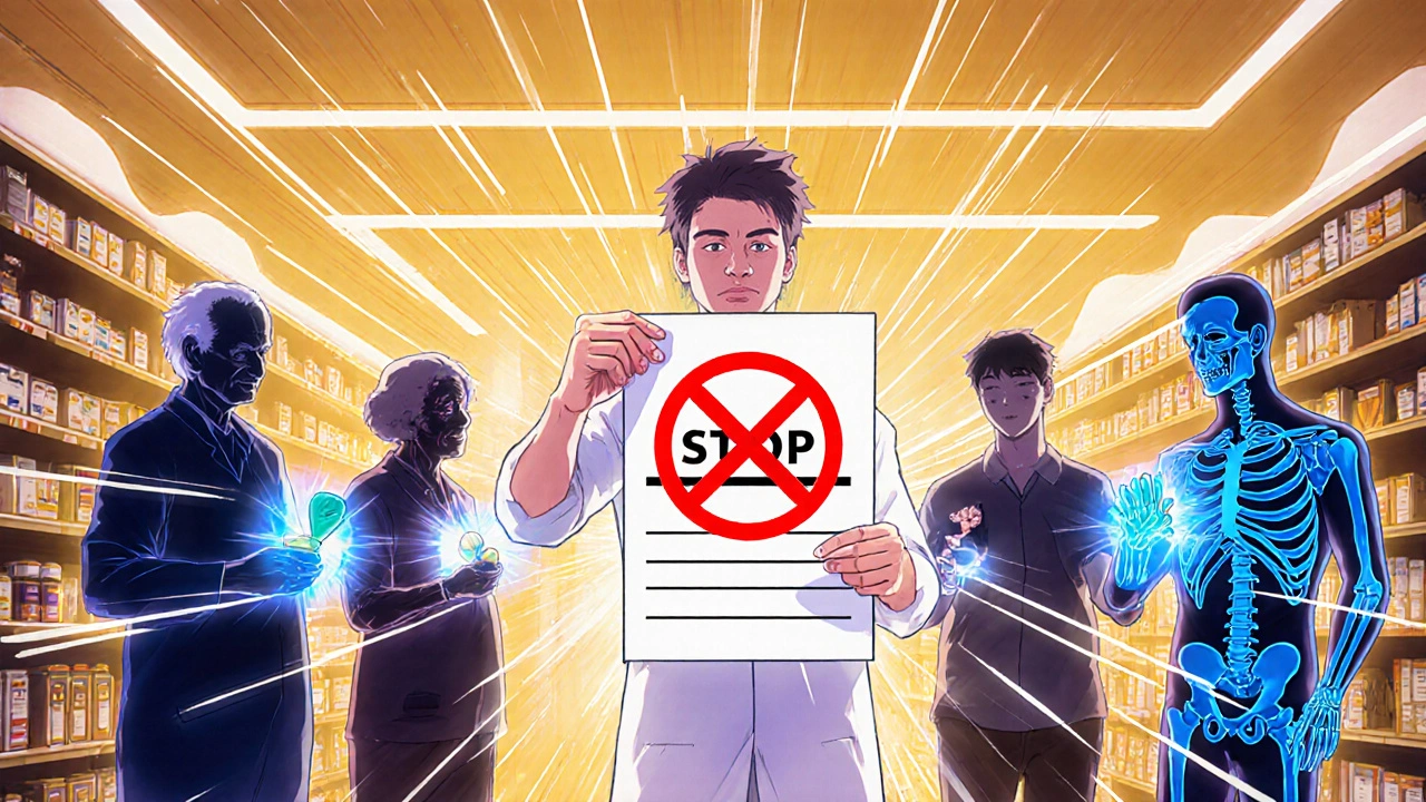 A pharmacist stopping a prescription as patients&#039; shadows turn into crumbling muscle structures.