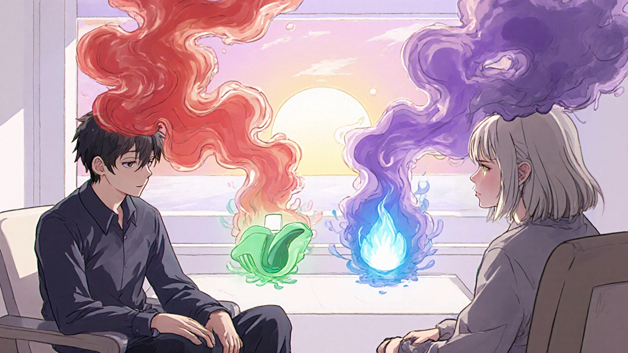 A therapy session where emotional cravings are calmed by glowing medications, with sunrise symbolizing hope.