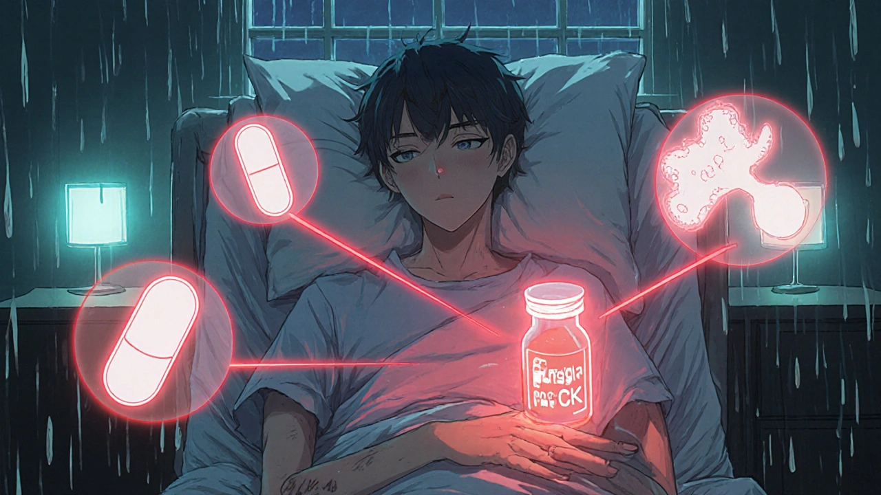 A transplant patient in bed with floating medication icons and rising CK levels glowing red.